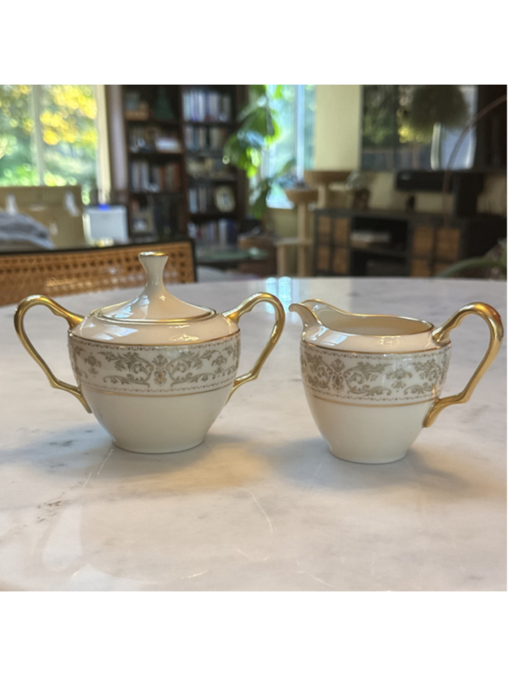 Lenox Noblesse Creamer & Covered Sugar Bowl Set Gold Trim Blue Dots USA
